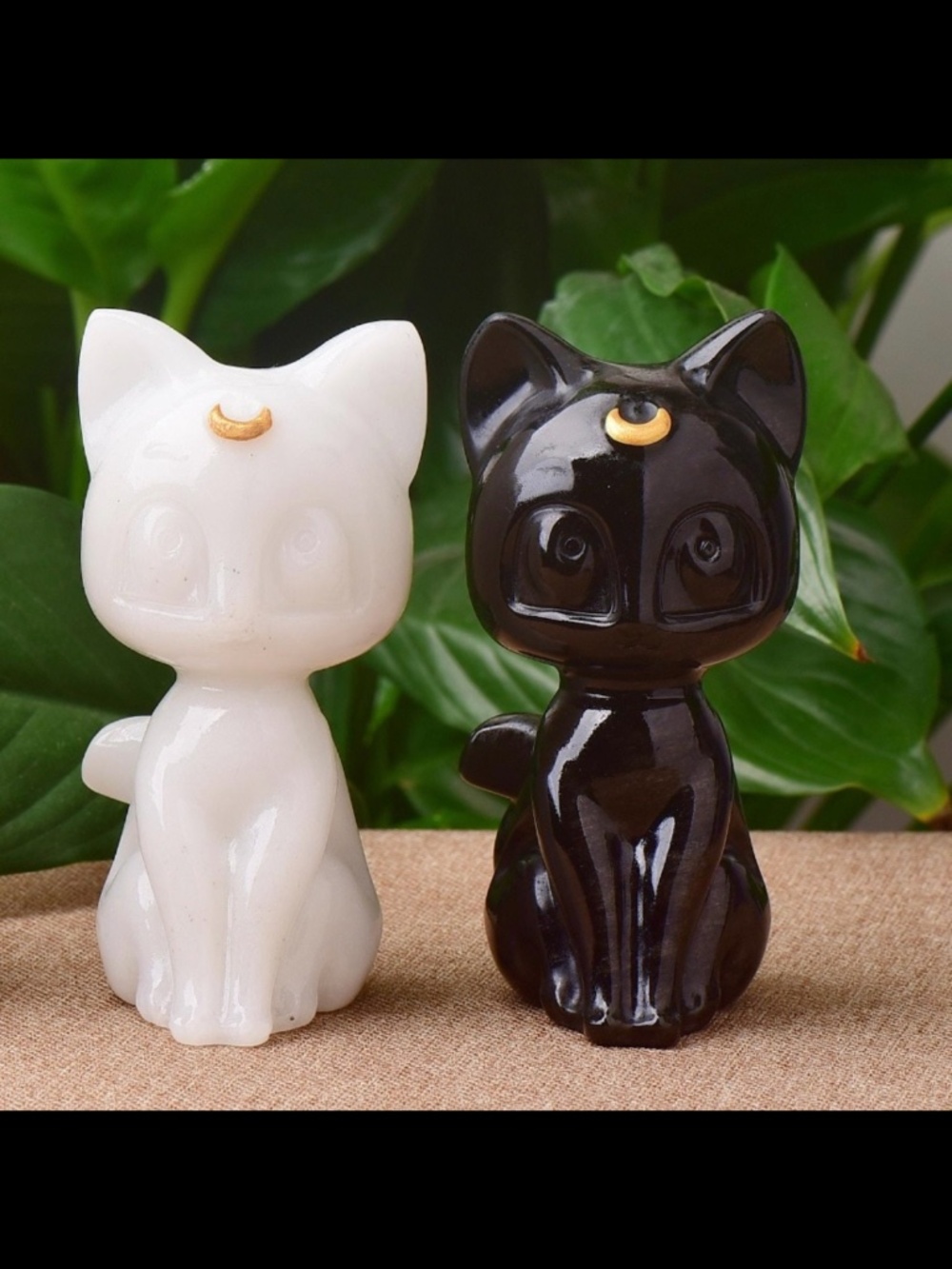 ❤️ ENCHANTING PAIR Obsidian & White Jade Luna Cat Hand Carved Sailor Moon Cat
